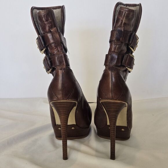 Michael Kors Distressed Leather Mocha Mae Platform Shearling Boots Size 8.5 - Picture 5 of 9